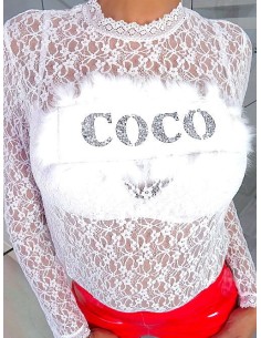 Manosque Original COCO Strass Designer Stretch Lace Shirt White