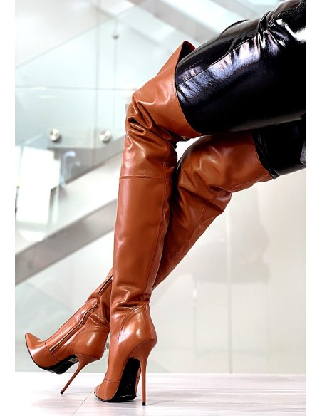 1969 Made in Italy Stiletto High Heels Leather Overknee Anouk Boots Brown 39