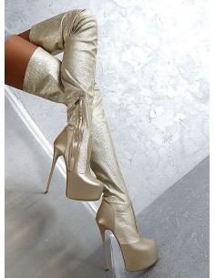 1969 Made in Italy High Heels Leather Overknee Stretch Platform Boots Gold 45