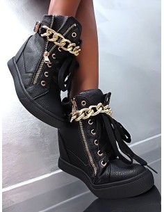 Fashion Women Iconic High Top Platform Sneakers Gold Chain Boots Black 36