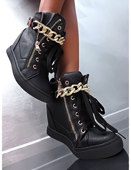 Fashion Women Iconic High Top Platform Sneakers Gold Chain Boots Black 36