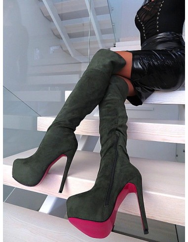 Diamantique Original High Heels Overknee OTK Platform Boots Olive 36