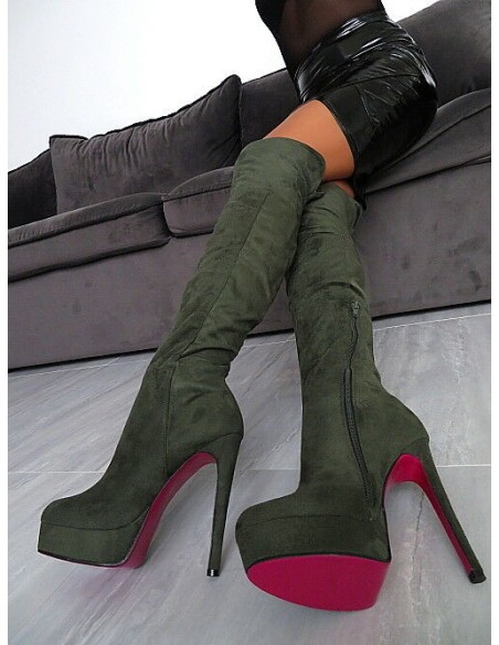 Diamantique Original High Heels Overknee OTK Platform Boots Olive 36