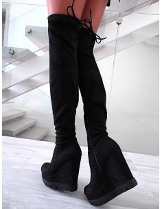 Diamantique Original High Heels Overknee OTK Wedge Platform Boots Black 35