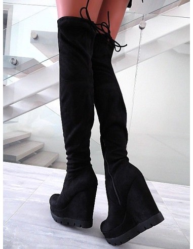 Diamantique Original High Heels Overknee OTK Wedge Platform Boots Black 35