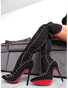 Mix Feel Original High Heels Gold Studs OTK Overknee Boots Black 35