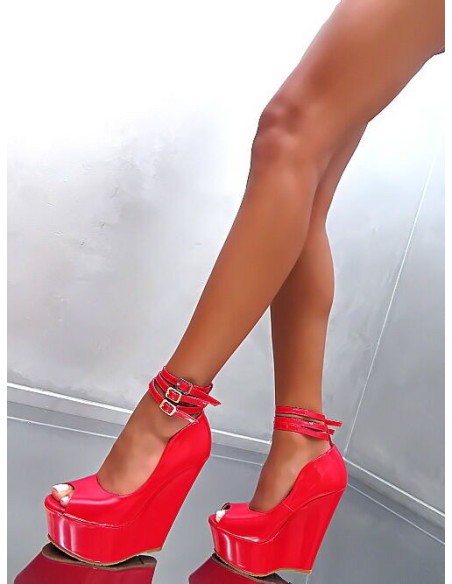 GoGo Original Designer Wedge Ankle Belt Pumps Red 36