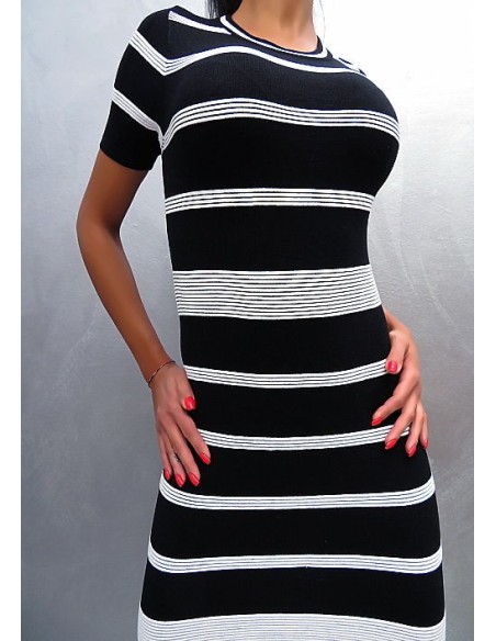 Lazy Girl Original Designer Bodycon Classic Decollete Dress Black White L/XL