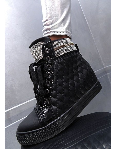 Niweile Original Iconic High Top Sneakers Boots Pearl Crystals Black