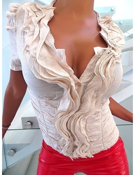 Moni & Co Original Designer Decollete Cotton & Silk Blouse Beige L