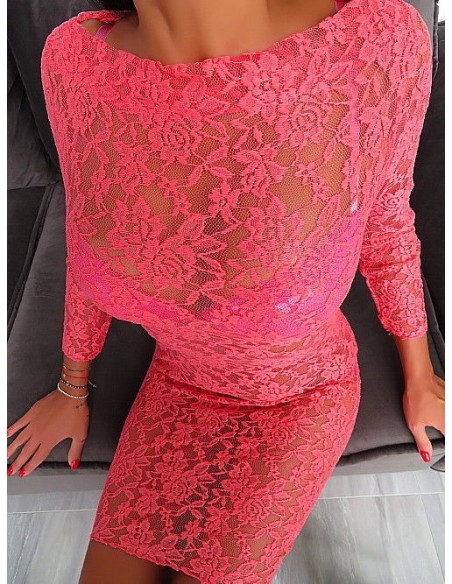 Made in Italy Long Evening Lace Fashioned Coral Dress