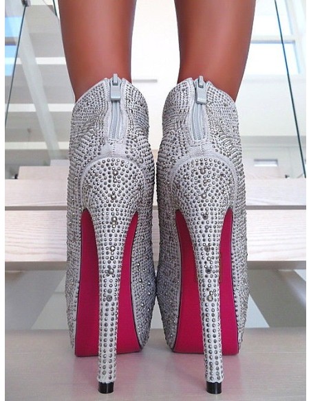 Rose Light Original High Heels Crystals Platform Boots Grey