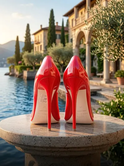 Close-up rear view of B4 Vernice Rosso red patent leather pumps with stiletto heels and leather soles