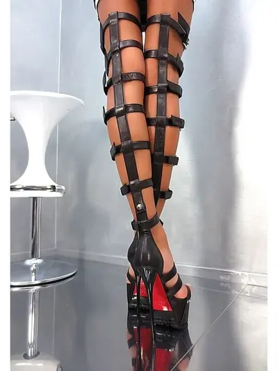 1969 ITALY ICONIC PUMPS LEATHER HIGH OVERKNEE LONG BOOTS DS10 SANDALS BLACK