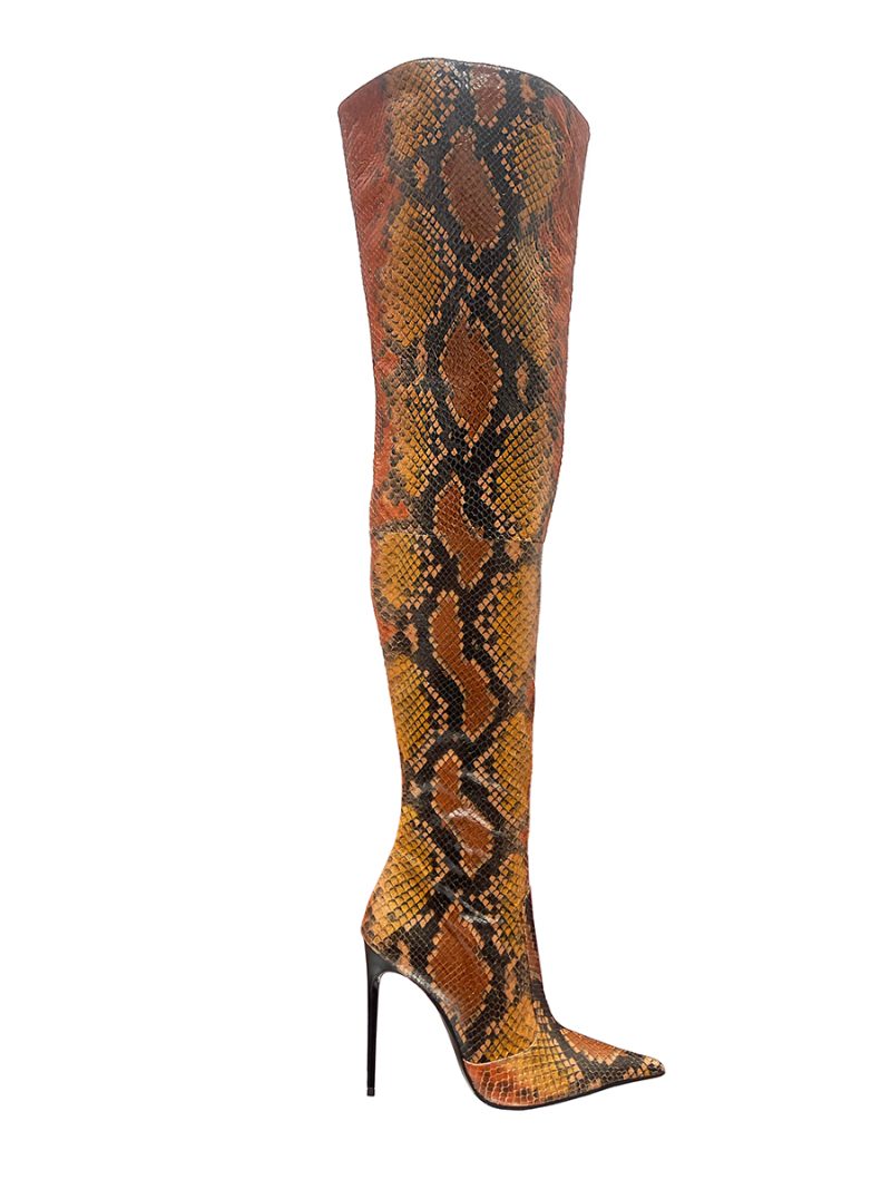 Single 1969 boutique Z25-3 overknee boot in python stamp leather with stiletto heel on a white background.