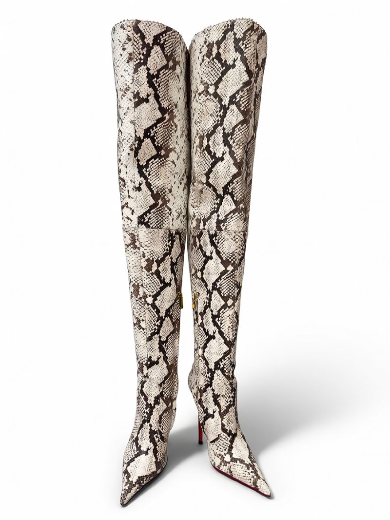 Front view of 1969 Made in Italy ART LX 01 python stamped over-the-knee boots with extreme pointed toes.