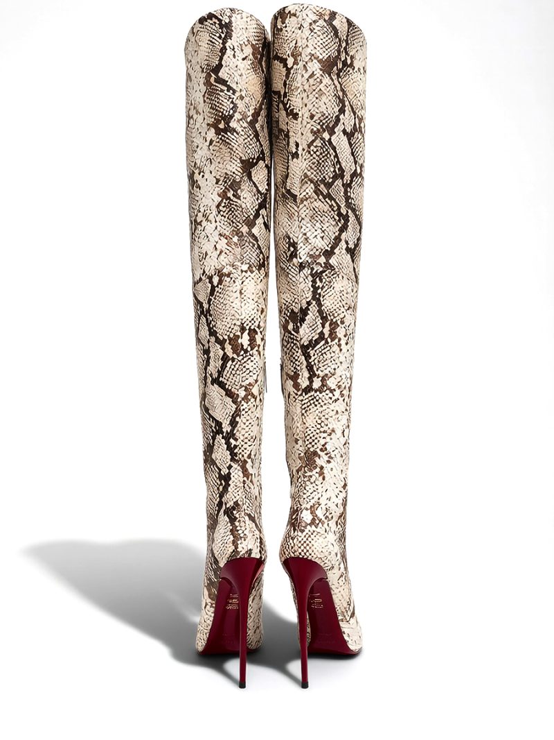 Rear view of 1969 Made in Italy ART LX 01 python boots showcasing bordeaux soles and stiletto heels.