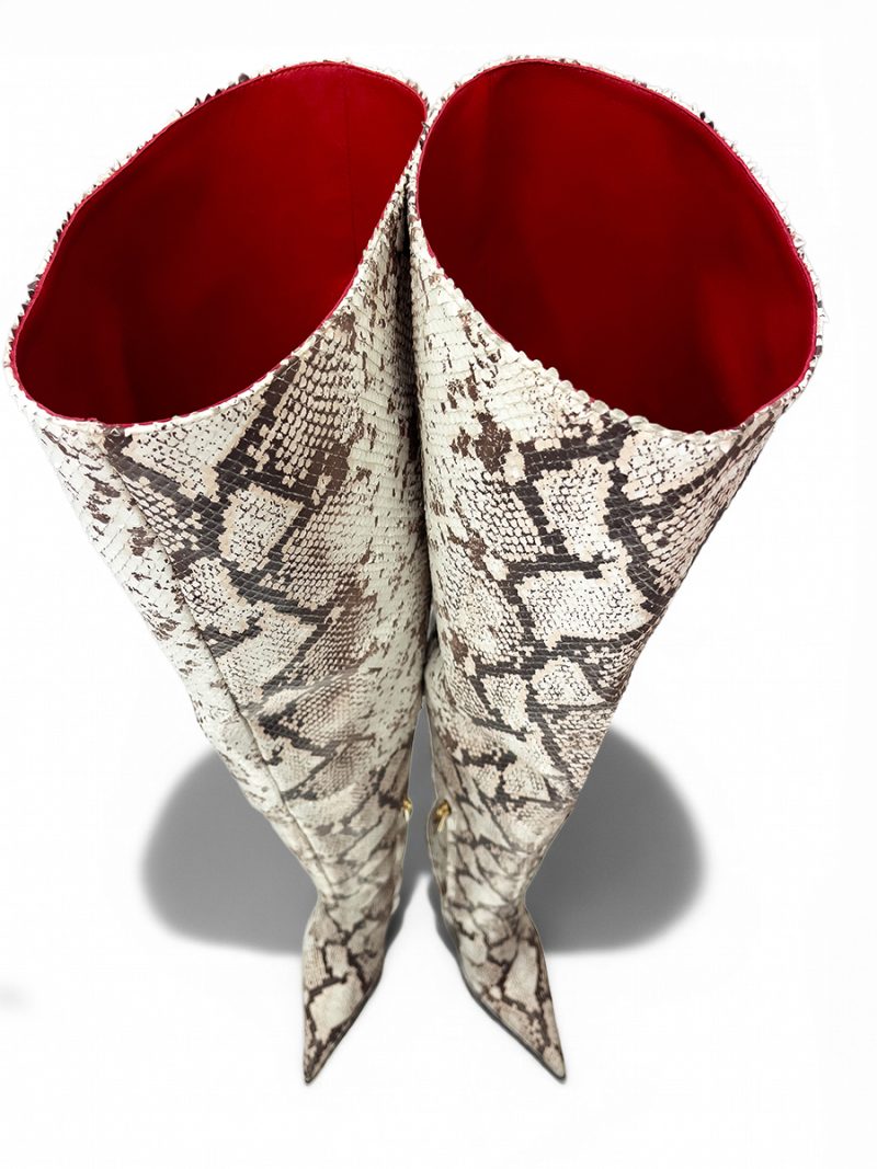Top view of 1969 Made in Italy ART LX 01 python boots showing the luxury red interior lining.