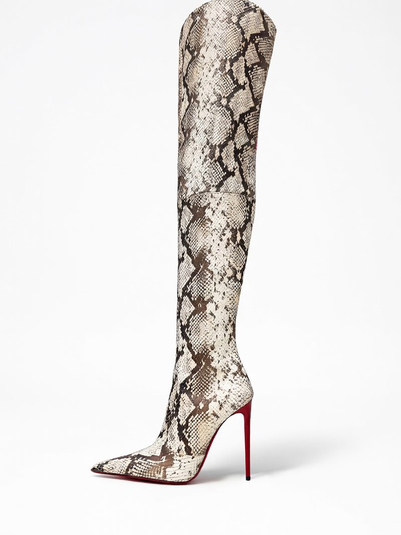Profile view of 1969 Made in Italy ART LX 01 python stamped over-the-knee boot with bordeaux heel.