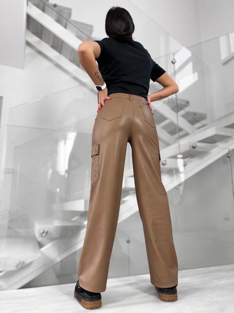 Three-quarter rear view of dark beige cargo pants with side flap pocket