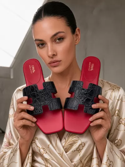Model holding Oran black croc-embossed leather flat sandals with H-cut straps, square toes and red leather footbeds.