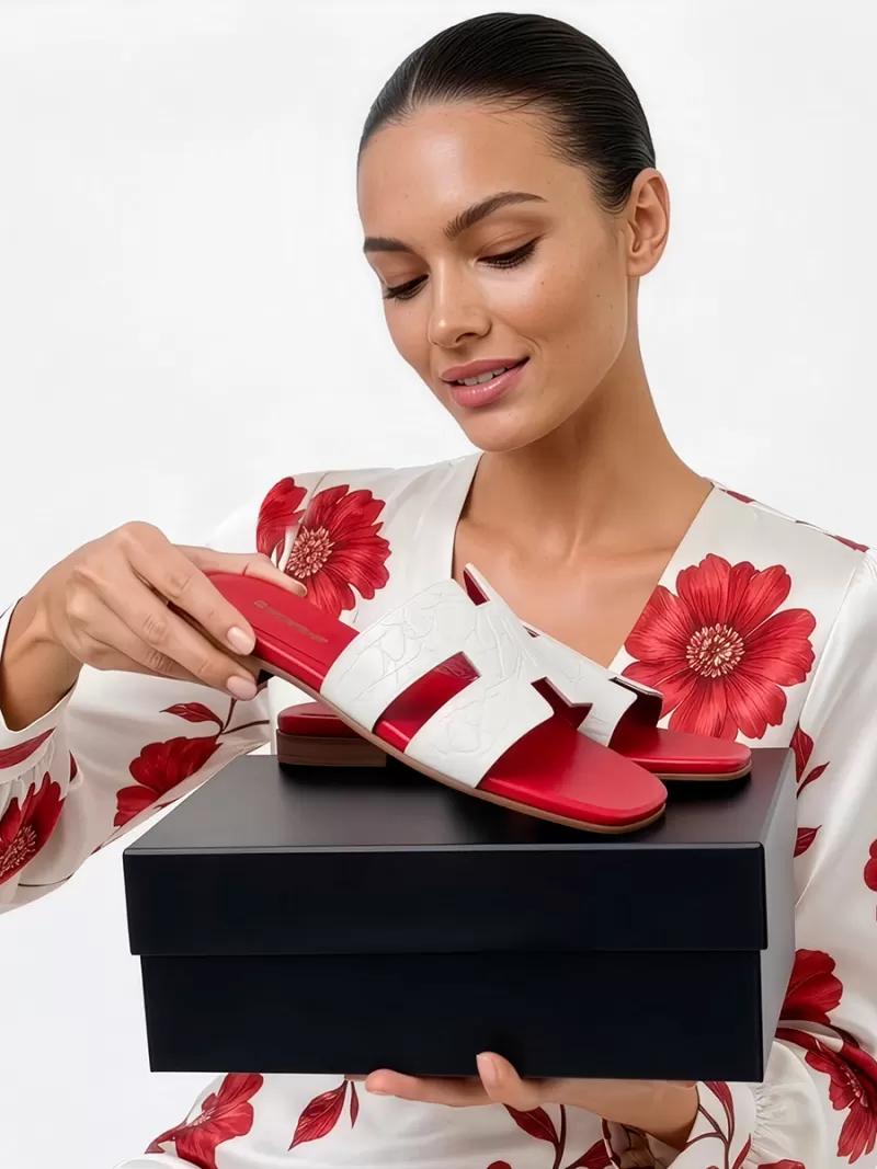 Model lifting an Oran white croc-embossed leather flat sandal above a black shoe box, showing its H-cut upper and red footbed.