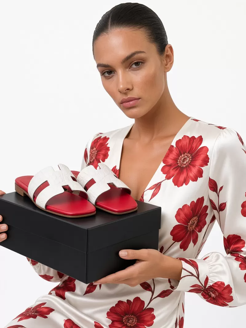 Model holding Oran white croc-embossed leather flat sandals with red footbeds on a black shoe box.